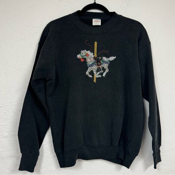Vintage Grey Carousel Horse Embroidered Sweatshirt Womens L 90s Holiday Grandma - Picture 1 of 9